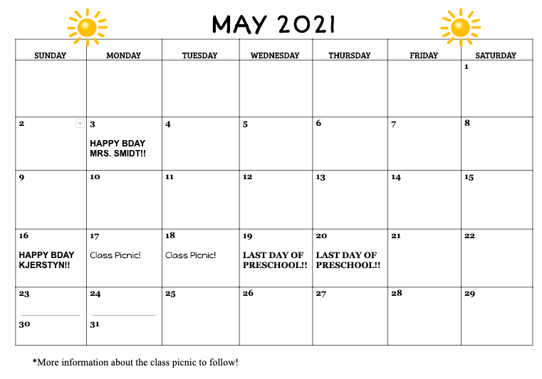 Calendar Mrs. Parr's Preschool